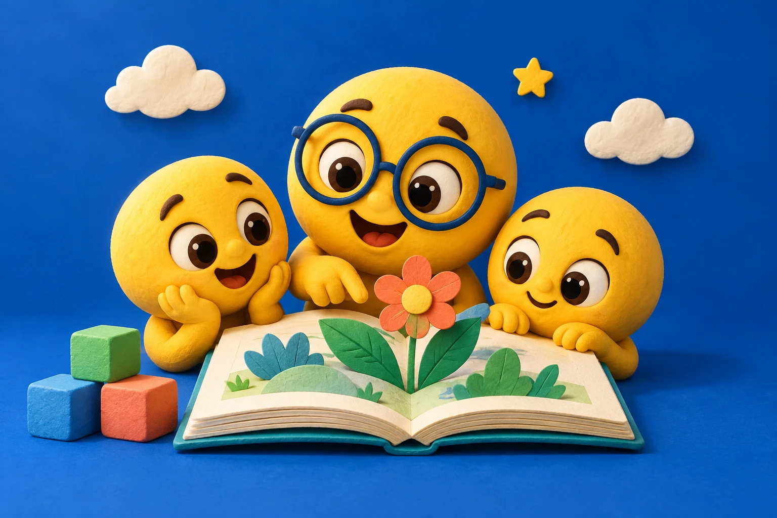 Three smiling yellow friends exploring a pop-up flower storybook together